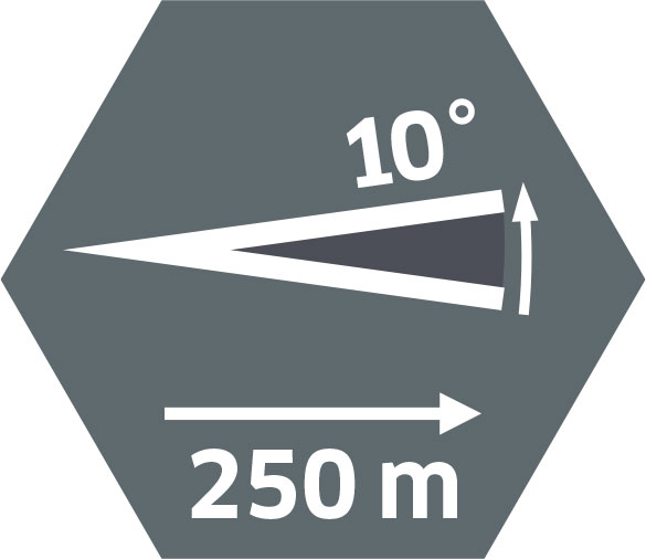 Fokuslicht: Abstrahlwinkel 10°, Leuchtweite bis zu 250 m
