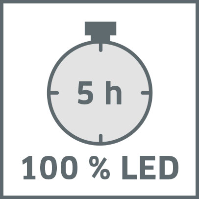 Lighting time 5 hours, 100 % LED