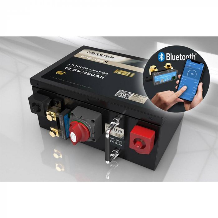 LiFePO₄ Premium Batterie FORSTER F12-150XB 12,8 V/150 Ah 200 A-BMS-2.0 | Bluetooth Mess-Shunt | Untersitz Ducato Ford PSA